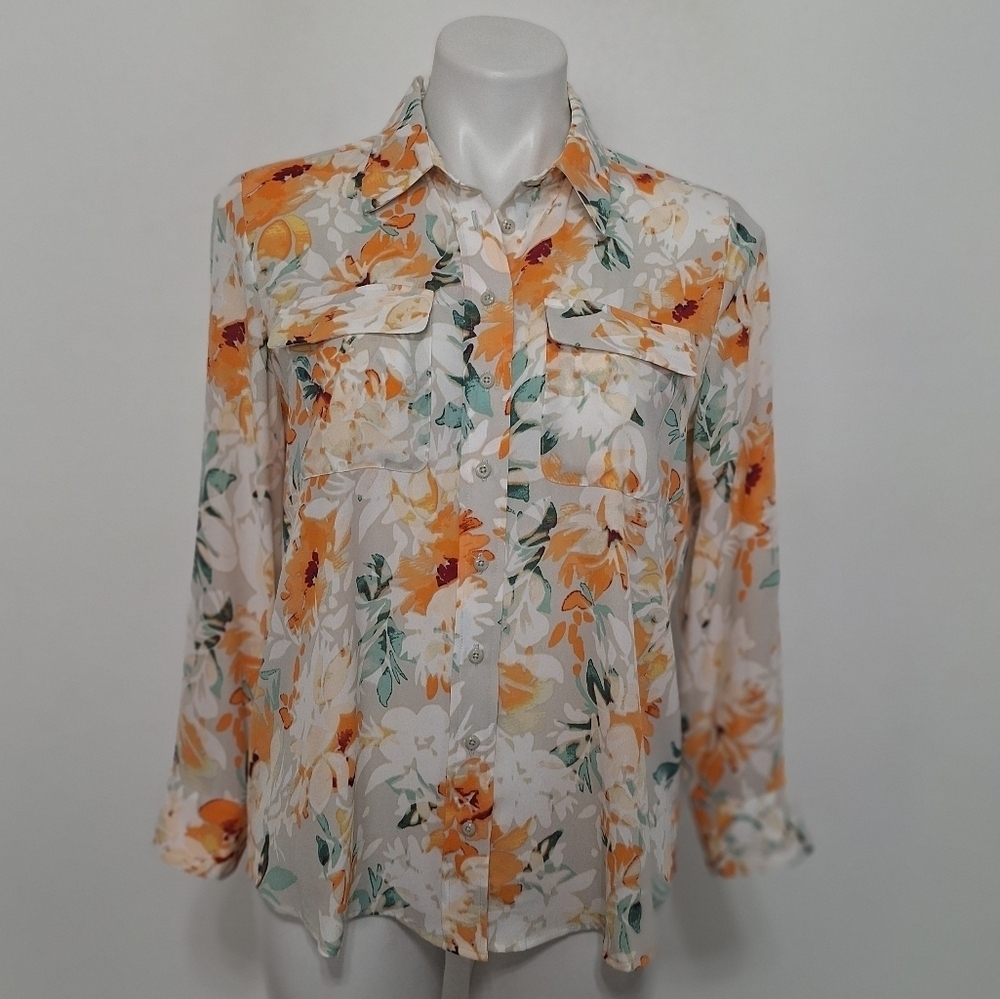 Investments Orange Gray Olivia Floral Grandmacore Button Front Blouse Size PS